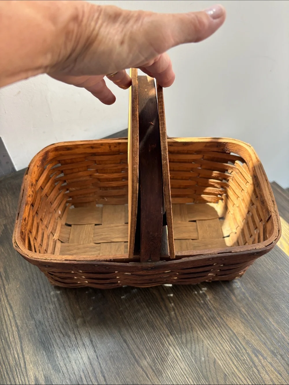 Vintage double lidded picnic basket, one handle,hinges, rustic, wood, 16x9.5x12”